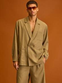 Musero 男士休闲修身双排扣西装外套，夏季度假必备 - 棕色 - 查看 1