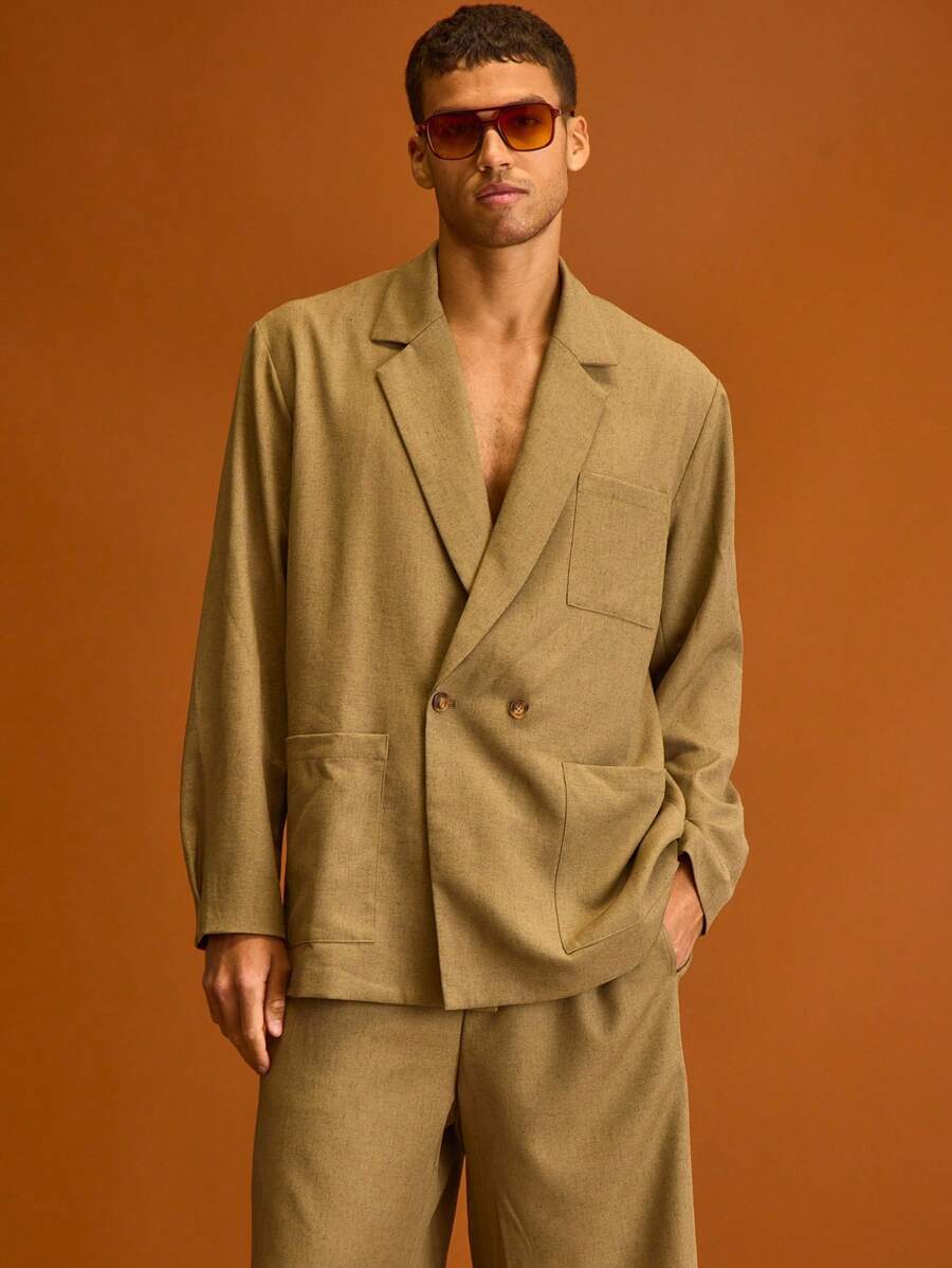 Musero 男士休闲修身双排扣西装外套，夏季度假必备 - 棕色 - 查看 1
