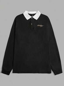 Manfinity VCAY Men Letter Graphic Contrast Collar Long Sleeve Quarter Button Color Block Going Out Casual Polo Shirt - Black - View 5
