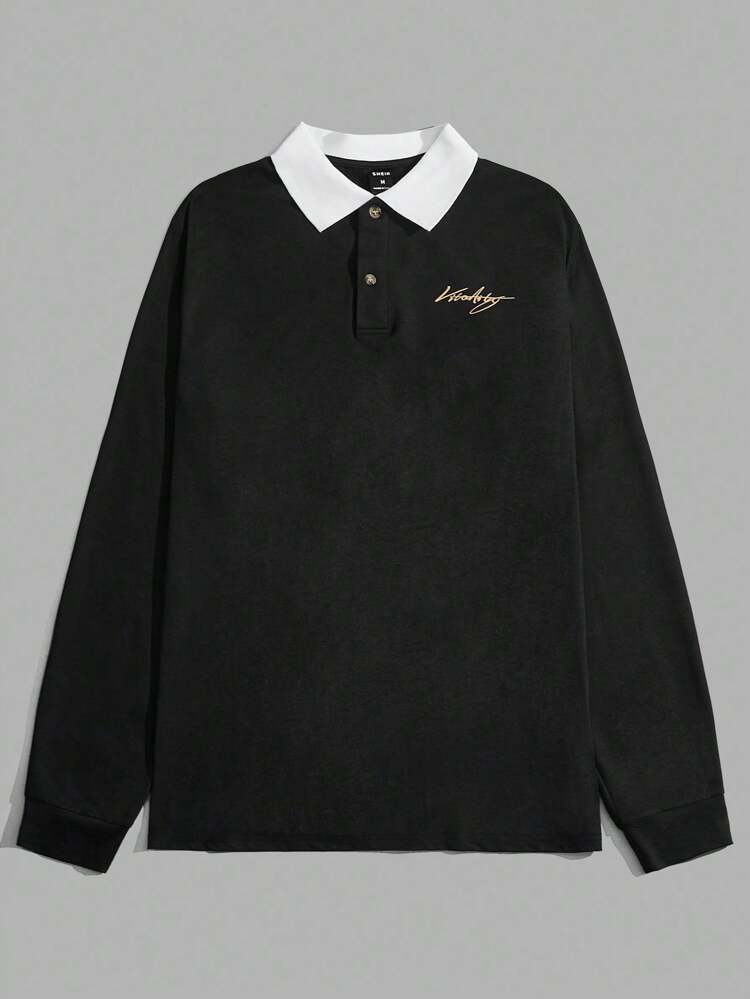 Men Letter Graphic Contrast Collar Long Sleeve Quarter Button Color Block Going Out Casual Polo Shirt