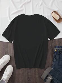 Women's Casual Heart & Flower Print Round Neck T-Shirt, Summer - Black - View 2
