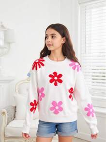 Tween Girls Floral Applique Crew Neck Thick Sweater, White, Suitable For Layering, Staying Home In Autumn/Winter Fall - White - View 4