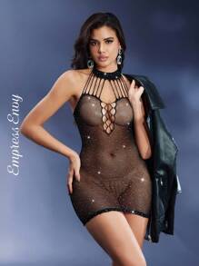 Women's Rhinestone Decorated Backless Halter Neck Mini Sexy Nightgown - Black - View 4