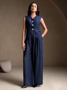 Anewsta 优雅法式女装两件套：无袖背心和阔腿裤 - 藍色 - 查看 4