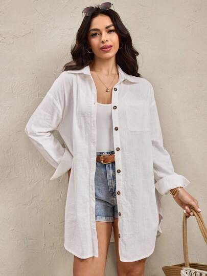 Wildy Vestido estilo camisa de manga larga, holgado y de apertura frontal, en estilo casual y de playa, en color blanco, al estilo country americano de otoño