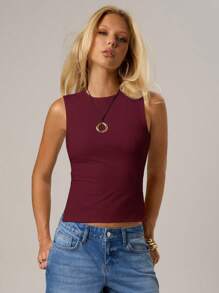 SHEIN Forever 21 Spring & Summer Women Tank Top, For Valentine Day/ Casual/Vintage/Festival/Country Concert/Brunch/Homecoming/Easter/Guest/Tea Party/Basic/Concert Women/Prom /Wedding/Rave Festival/Formal/Western/Cocktail/Club/Spring/Birthday/Cute/Classy/Going Out/Vacation/Office/Airport/2000s Style/Streetwear/Sleeveless Back Hollowed-Out Strap Red - Burgundy - View 3