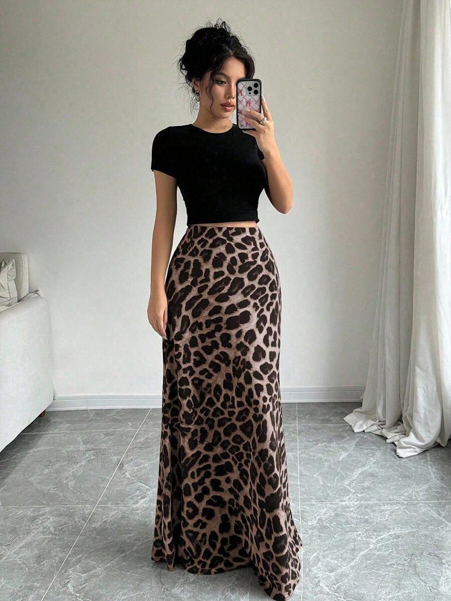 Rafferiza Women Leopard Print Casual Skirt Maxi Women Outfit Fall Cloth For Women
