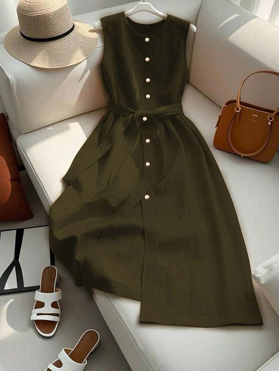 Franclia Simple Solid Color Front Button Sleeveless Tank Dress, Summer Summer Dress Clothes For University - Army Green - View 1