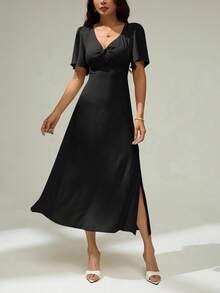 SHEIN PETITE Váy tay bồng màu trơn đơn giản cho kỳ nghỉ của phụ nữ, mùa xuân/hè, thích hợp để mặc hàng ngày, lãng mạn và thanh lịch, váy dài có phần giữa xoắn ở phía trước, tay ngắn, màu trơn, váy mùa hè cho phụ nữ - màu đen - Xem 5