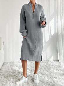 EURMUSE Women Knit Sweater Dress With Zipper Detail,Petite - Light Grey - View 6