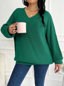 SHEIN Suéter de punto acanalado de talla grande con cuello en V y color liso