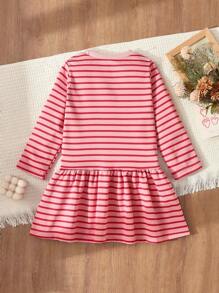 Blossori 年轻女孩法式优雅条纹刺绣宽松长袖连衣裙 - 淺粉色 - 查看 2