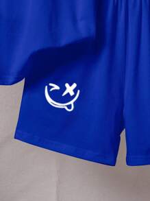 SHEIN Boys' New Smiling Face Print Crew Neck Short Sleeve Blue 2-Piece Set, Casual Daily Versatile, Spring/Summer - Blue - View 6