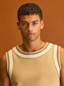 Musero Men Crew Neck Trim Detailing Tank Top Spring Summer Holiday Vacation - Khaki - View 5