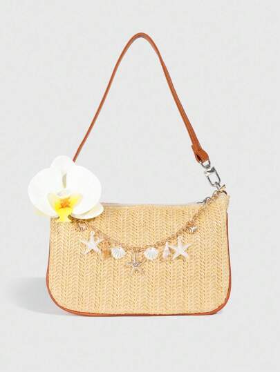 Fairycore 1pc Tropical Holiday Ocean Elements Star Chain Decor Straw Bag, Butterfly Flower Decor Underarm Shoulder Bag