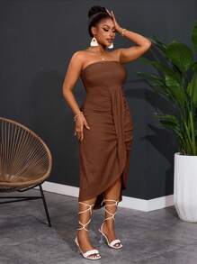 Slaydiva New Spring And Summer Casual Vacation Tube Top With Overlapping Pleat Design In The Front And Center, Curved Hem, Short Front And Long Back, Yellow Vertical Pattern Texture Women's Plus Long Dress,Homecoming Dress - Brown - View 4