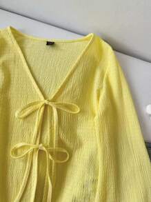 SHEIN LUNE 休闲女士纯色宽松前系带喇叭袖上衣度假女士返校教师度假女士学校外出上衣返校机场女士复古风格女士度假上衣长袖上衣女士奶油黄色度假装女士秋季系带前上衣黄色上衣黄色衬衫可爱黄色上衣黄色系带前上衣黄色 V 领上衣黄色衬衫黄色长袖上衣 - 黃色 - 查看 3