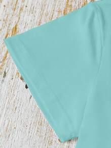 Glissea 女式夏季标语和笑脸印花短袖休闲圆领T恤 - 霧霾藍 - 查看 4