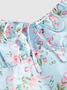SHEIN X Hannahelzahed SHEIN MOD 女式蓝色花卉印花露背荷叶边蝴蝶结摆裙 - 藍色 - 查看 3