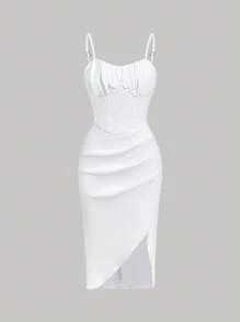 SHEIN MOD Women's Solid Color Bust Pleated Asymmetric Hem Spaghetti Strap Denim Dress White Corset Dress White Bustier Dress White Midi Dress White Curve Dress White Rehearsal Dinner Dress - White - View 1