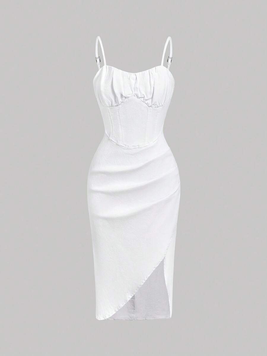 SHEIN MOD Women's Solid Color Bust Pleated Asymmetric Hem Spaghetti Strap Denim Dress White Corset Dress White Bustier Dress White Midi Dress White Curve Dress White Rehearsal Dinner Dress - White - View 1