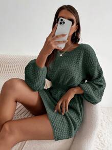 SHEIN LUNE 女式纯色圆领落肩长袖收腰休闲针织连衣裙 - 綠色 - 查看 4