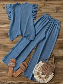 SHEIN PETITE 2 件大码女式纹理面料盖袖上衣和裤子休闲套装，秋季 - 藍色 - 查看 2