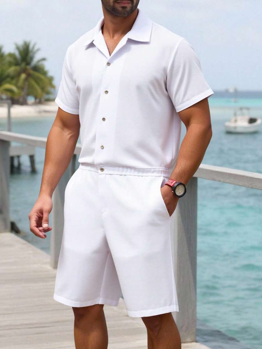 Manfinity RSRT Men's Buttoned Pocket Short Sleeve Casual Shirt Jumpsuit Men Jumpsuit - White - View 1