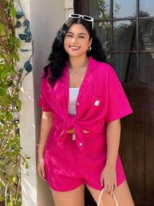 Solflare 大码紫红色短袖衬衫和短裤 2 件套 - 玫紅色 - 查看 4