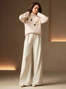 Anewsta Áo len cổ cao thanh lịch với thiết kế hoa trà 3D, thời trang sành điệu cho mùa thu/đông - Màu Khaki - Xem 6