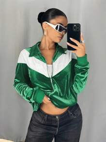 SHEIN ICON Women's Going Out Green Back To School Preppy Casual Colorblocked Patchwork Jacket, Spring/Autumn - Green - View 15