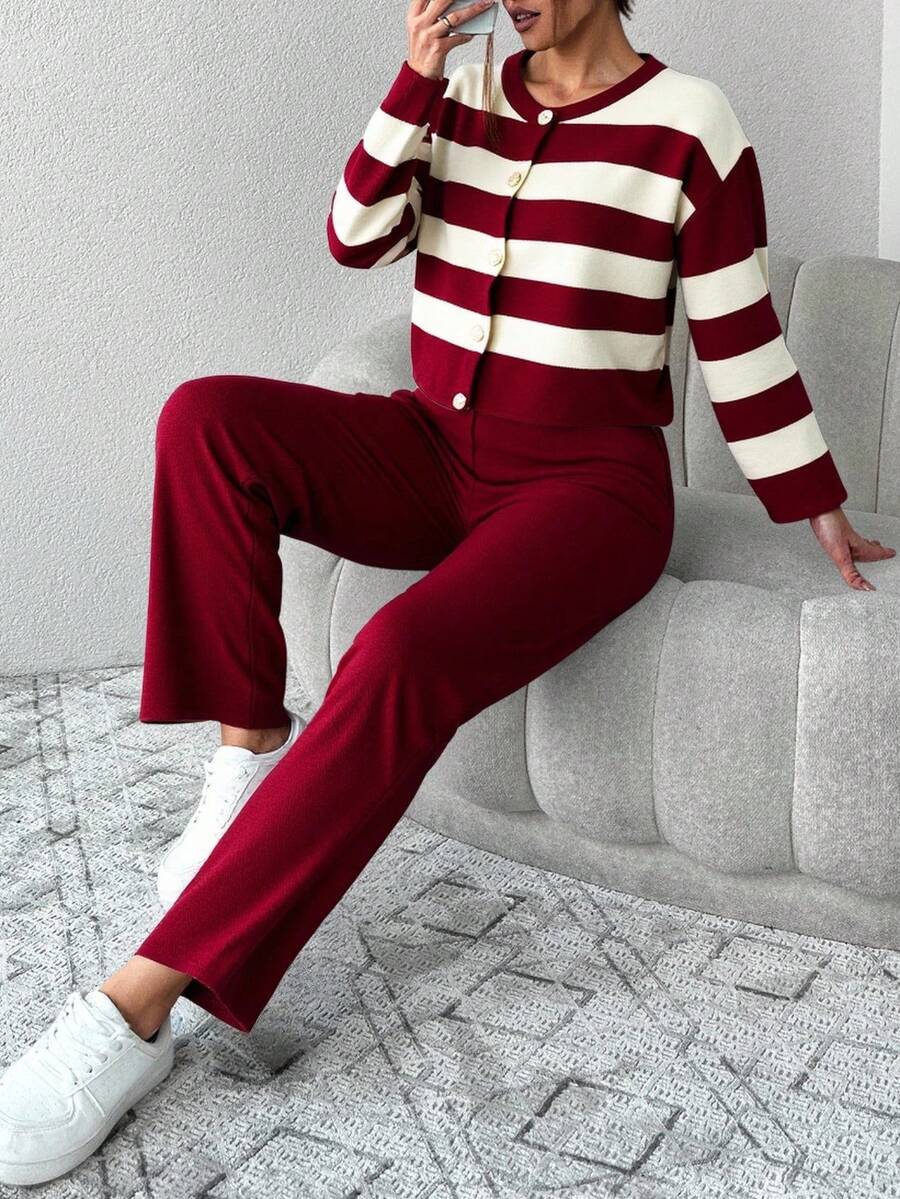 EURMUSE 2pcs Women Casual Everyday Cardigan And Pants Suit, Colorblock Striped,Loungewear Set,Petite,Winter Clothes - Burgundy - View 1