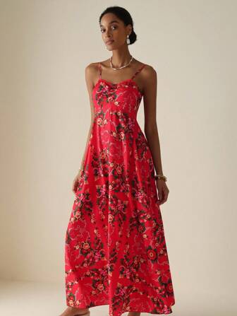 Vesra Women's Vacation Casual Floral All-Over Print Sleeveless High Waist Swing Dress