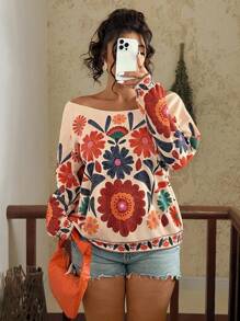 Travachic 大码女式休闲热带花卉印花露肩宽松长袖运动衫，适合夏季、秋季和冬季