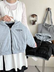 SHEIN Young Girls Oversized Reversible Embroidered Pullover Sweatshirt, Casual, Comfy,In Fall/Winter - Black - View 4