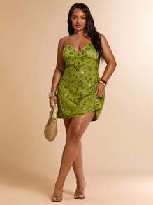 SHEIN BAE 大码女式纯绿色性感露背系带铆钉亮片吊带裙，优雅露背迷你裙，适合海滩、假日、夏季连衣裙、毕业装、七月四日服装、七月四日服装、海岛度假服装、毕业礼服、抹胸、夏季服装、女士海滩装、Y2k、音乐会、外出、派对、女士太阳裙、校服、秋装、秋季、Y2k 服装、夜间外出/ - 綠色 - 查看 2