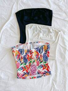 Soleia Conjunto de 3 piezas de top tubo de punto acanalado en color negro y albaricoque, con estampado de paisley colorido, para mujer talla grande, para vacaciones - Multicolor - Ver 2