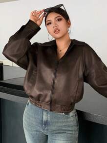 Dazy Plus Spring & Autumn New Vintage Style Short Faux Leather Jacket For Women, Plus Size Regular Fit Bomber Jacket For Valentine's Day,Fall Women Clothes Women Coats - Brown - View 6