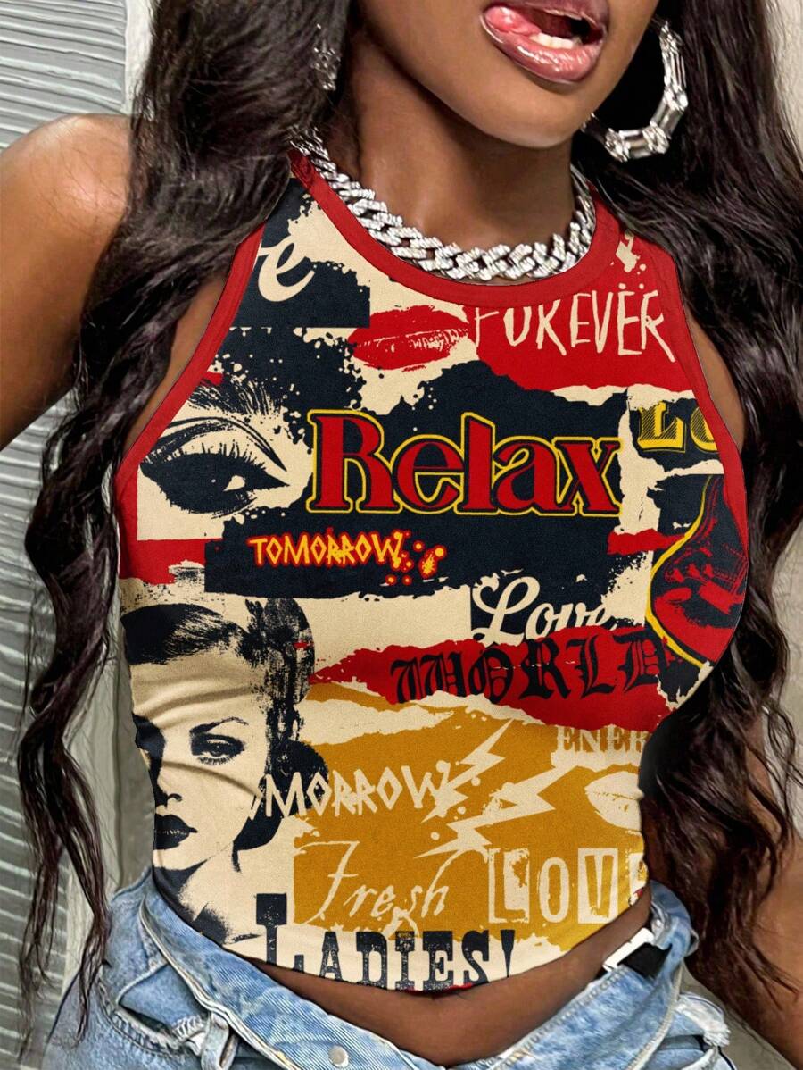 Slaydiva 2025 春夏休闲复古海报印花贴身圆领女式背心，适合大码夏季休闲装