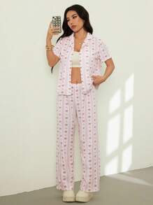 SHEIN PETITE 女式蝴蝶结印花纽扣拼布上衣和裤子两件套休闲装 - 粉色 - 查看 5