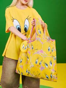 LOONEY TUNES X SHEIN 1 件卡通图案印花涤纶可折叠购物袋、沙滩包、手提袋，带可拆卸链条袋、时尚、崔弟 - 黃色 - 查看 3