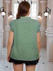 SHEIN Clasi Plus Size Women Summer Solid Color Notch V-Neck Batwing Sleeve Loose Shirt - Mint Green - View 2