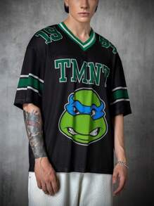 TEENAGE MUTANT NINJA TURTLES | SHEIN Men's Casual Contrast Cartoon Turtle Print V-Neck Mesh Short Sleeve T-Shirt, Summer - Black - View 1