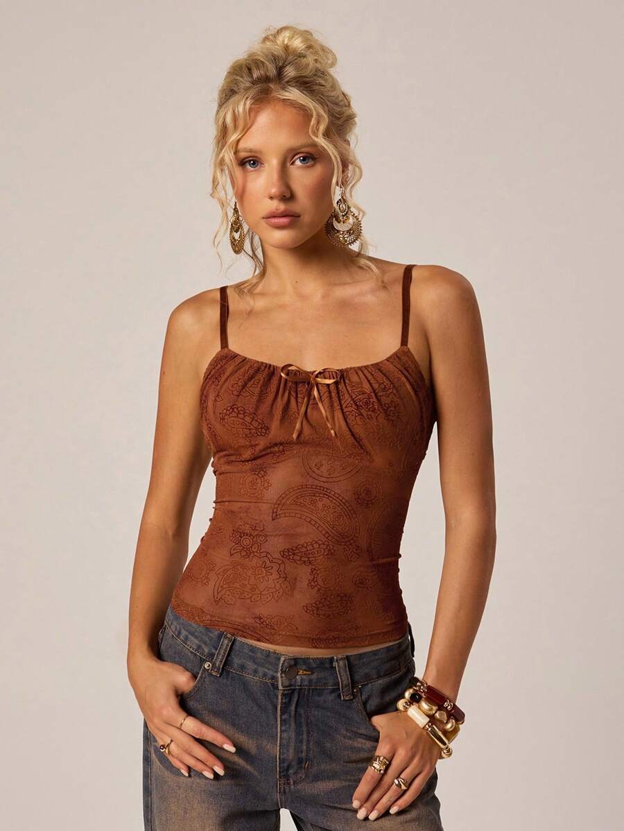 SHEIN Forever 21 橙色印花图案背心万圣节秋季女士外出上衣女士上衣西部装女士乡村音乐会 Y2k 上衣可爱上衣俱乐部紧身胸衣上衣音乐会朋克辣妹街头服饰俱乐部 - 棕色 - 查看 1