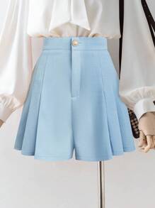 SHEIN Tall 全新女式梭织面料褶皱 A 字型前拉链后松紧腰修身中腰休闲短裤 - 藍色 - 查看 3