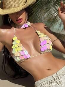 Swim SXY Beach Summer For Women, New European And American Style Swimwear Bikini Cover Ups With Hollow Design And Sequin Decoration, Hand-Crocheted - Beige - View 1