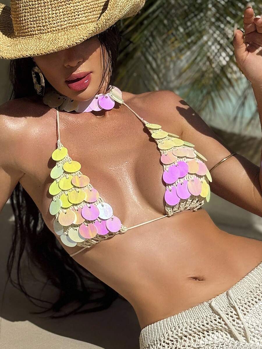 Swim SXY Beach Summer For Women, New European And American Style Swimwear Bikini Cover Ups With Hollow Design And Sequin Decoration, Hand-Crocheted - Beige - View 1