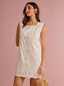 Enchnt Summer/Fall Romantic Women's White Linen Exquisite Floral Hollow Embroidered Lace Sleeveless Loose Mini Dress - White - View 6