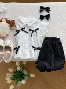 Set de 2 piezas con camisa informal de rayas tejida y falda corta de vuelo con estampado floral para niñas jóvenes - Blanco - Ver 6