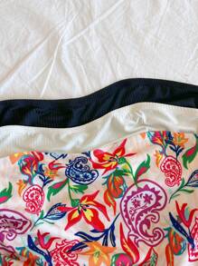 Soleia Conjunto de 3 piezas de top tubo de punto acanalado en color negro y albaricoque, con estampado de paisley colorido, para mujer talla grande, para vacaciones - Multicolor - Ver 7